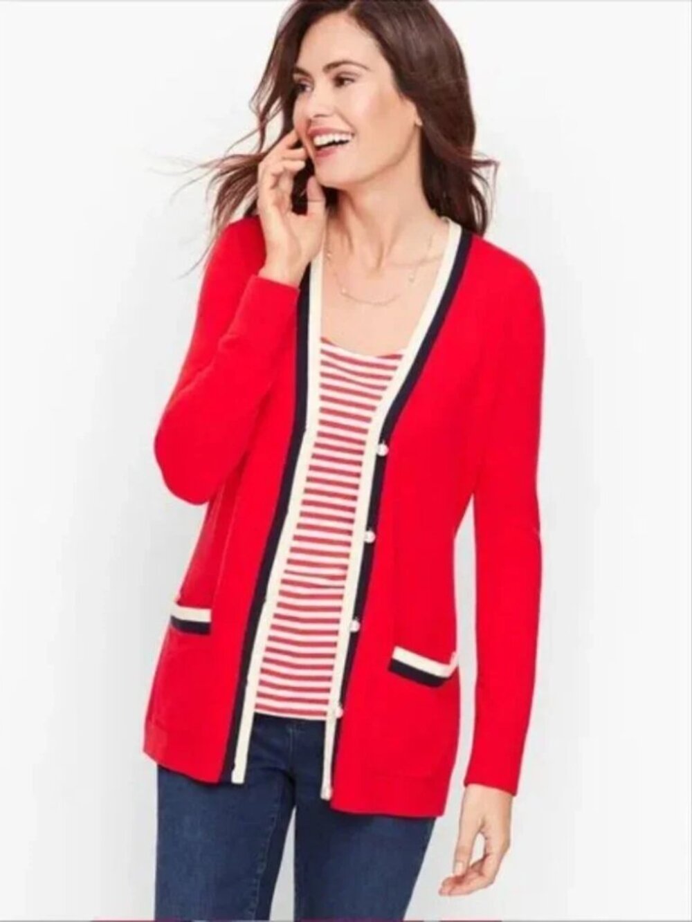 Talbot's Super Soft Cashmere blend V-neck Red Nautical Cardigan pearl buttons XL